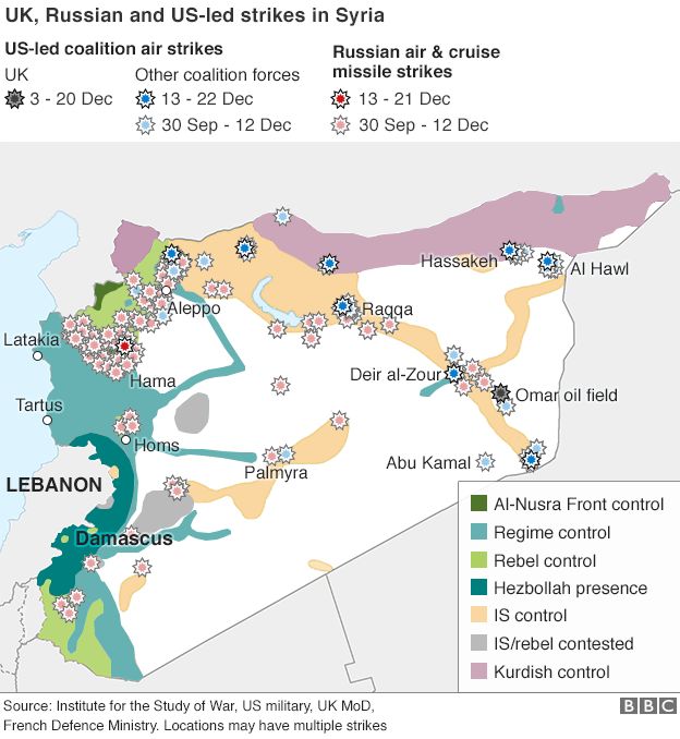 Map showing US, UK and Russian air strikes on Syria