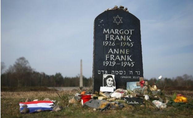 A symbolic tombstone commemorates Anne Frank and her sister Margot on the site of the former Bergen-Belsen concentration camp on March 17, 2015 in Lohheide, Germany