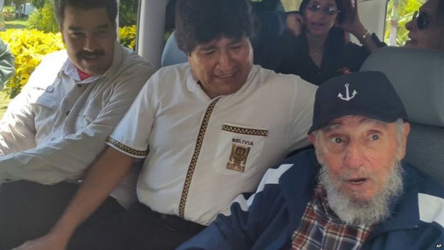Venezuelan and Bolivian presidents Nicolas Maduro (left) and Evo Morales (centre) visited Fidel Castro on his birthday