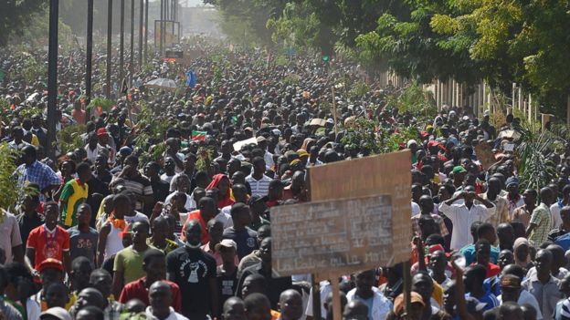 Burkina Faso opposition supporters protest in Ouagadougou against long-serving president Blaise Compaore on 28 October 2014