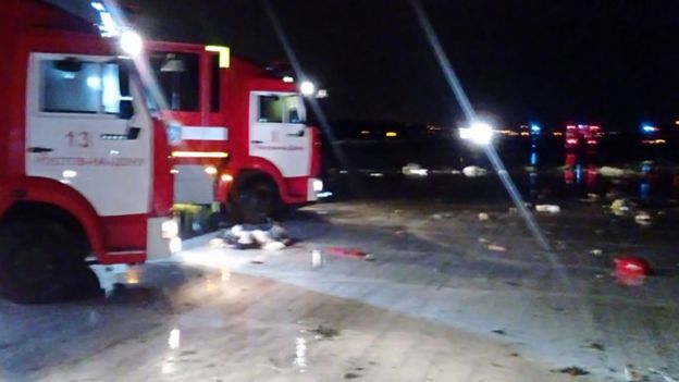 Russian emergency services working at the crash site at Rostov-on-Don airport