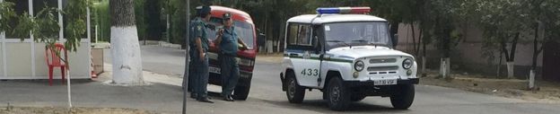 Police outside the Tashkent hospital where Islam Karimov was being treated, 29 August