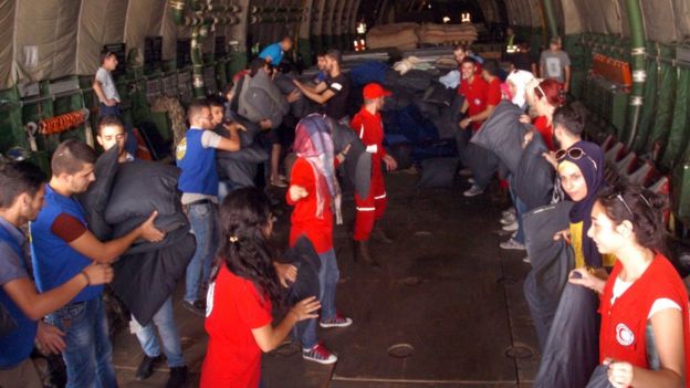 Official pictures show members of Syrian Red Crescent unloading humanitarian aid from Russian plane at Latakia. 12 Sept 2015