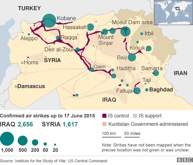 Map showing air strikes against targets in Iraq and Syria