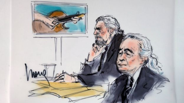 Led Zeppelin singer Robert Plant (L) and guitarist Jimmy Page are shown sitting in federal court for a hearing in a lawsuit involving their rock classic song 