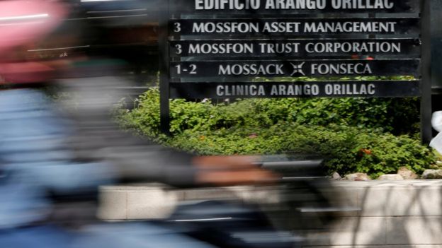 Cartel de la firma Mossack Fonseca a las afueras de la oficina.