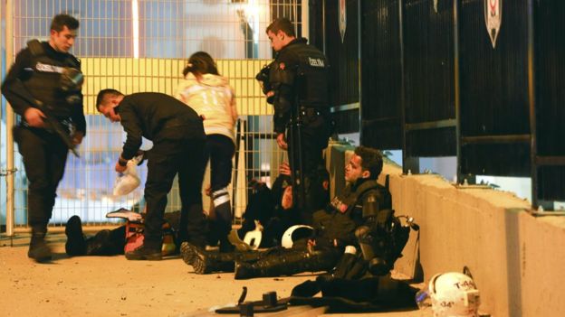 Turkish policemen at the site of an explosion in central Istanbul, Turkey, December 10, 2016.