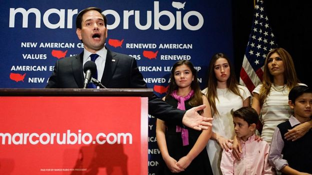 Marco Rubio's family watches as he announces the end of his presidential campaign in March.