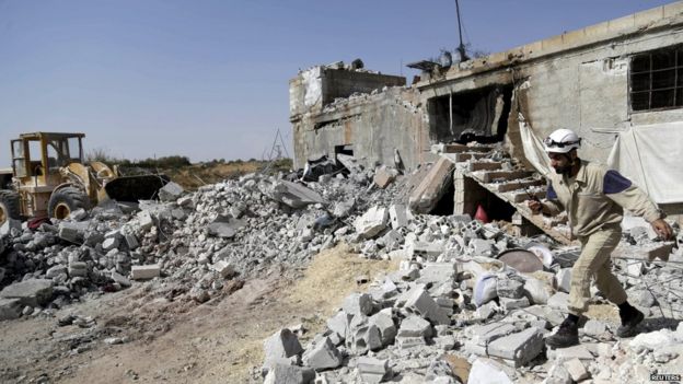 Rubble in Idlib province, Syria, after a reported Russian air strike, 3 October 2015