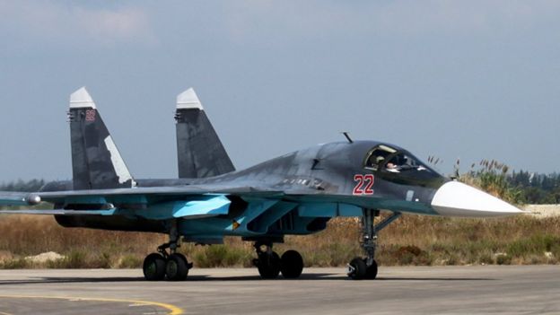 Russian Su-34 bomber taxies at Hmeimim air base in Syria (file)