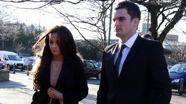 Adam Johnson arrives at court with partner Stacey Flounders