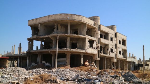 Homs. District on the edge of Homs that was badly damaged and depopulated earlier in the war. Almost no-one lives here. No one has returned. The original inhabitants now among half Syria’s pre war population displaced by the war, either internally or as refugees abroad.