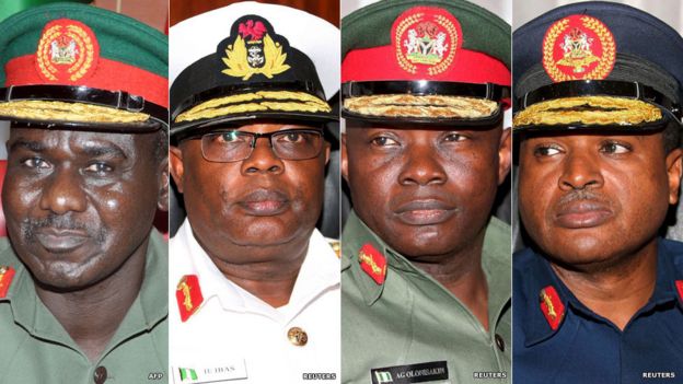 From left to right: Chief of Army Staff, Maj-Gen TY Buratai, Chief of Naval Staff Rear Admiral Ibok-Ete Ekwe Ibas, Chief of Defence Staff Maj-Gen Abayomi Gabriel Olonishakin, - Chief of Air Staff Vice Marshal Sadique Abubakar