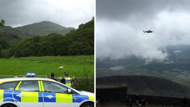 Smoke over Snowdonia and a rescue helicopter