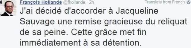 El tuit que publicó el presidente Hollande dice: 