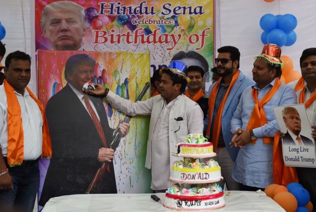 Indian right-wing Hindu activists hold a celebration to mark the 70th birthday of US Republican presidential candidate Donald Trump in New Delhi on June 14, 2016.