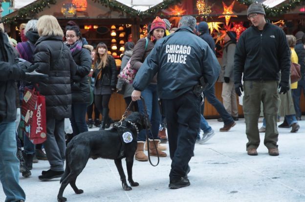 ตำรวจใช้สุนัขดมวัตถุระเบิดออกตรวจตราในตลาดคริสต์มาสของนครชิคาโกในสหรัฐฯ