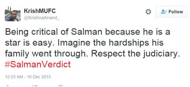 Being critical of Salman because he is a star is easy. Imagine the hardships his family went through. Respect the judiciary. #SalmanVerdict