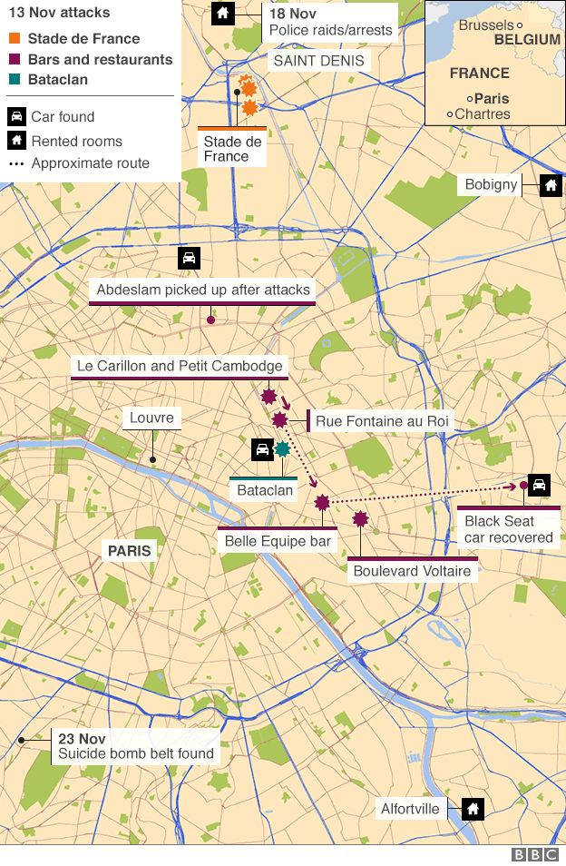 Map of Paris showing site of attacks and other related locations