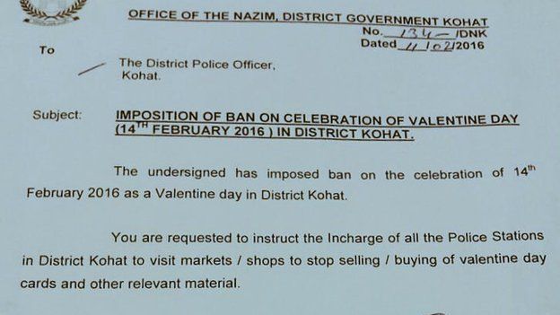 A directive from the Kohat government showing the ban on Valentine's Day celebrations