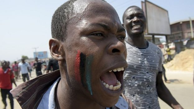 A pro-Biafra supporter chants a song in Aba, southeastern Nigeria, during a protest calling for the release of a key activist on November 18, 2015