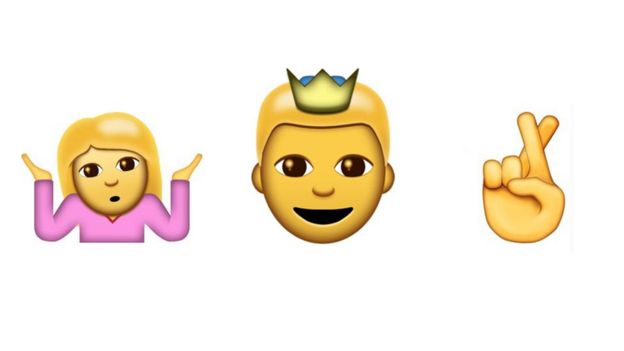 Three new emojis: A woman shrugging, a prince and crossed fingers