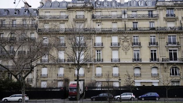 Picture taken on February 14, 2012 on the Avenue Foch in Paris shows a truck at the entrance of Paris residence of Teodorin Obiang Mangue, the son of Equatorial Guinea's President Teodoro Obiang, being searched by French police as part of a corruption probe.