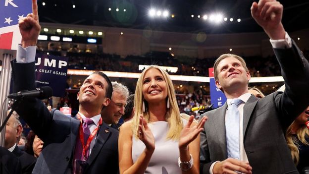 Donald Trump Jr. (L), along with Ivanka Trump (C) and Eric Trump (R), take part in the roll call in support of Republican presidential candidate Donald Trump