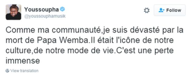 Tweet by Youssoupha: Like my community, I am devastated by the death of Papa Wemba. He was the icon of our culture, of our lifestyle. This is a huge loss