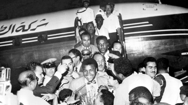 World Heavyweight Boxing Champion Muhammad Ali is pictured on his arrival at Cairo airport, Egypt -3 June 1964