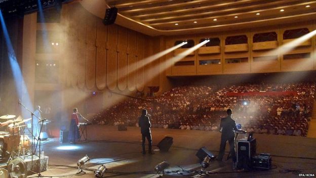 A picture made available by the Korean Central News Agency (KCNA) shows members of the Laibach Band of Slovenia perform at the Ponghwa Art Theatre in Pyongyang, North Korea, 19 August 2015.