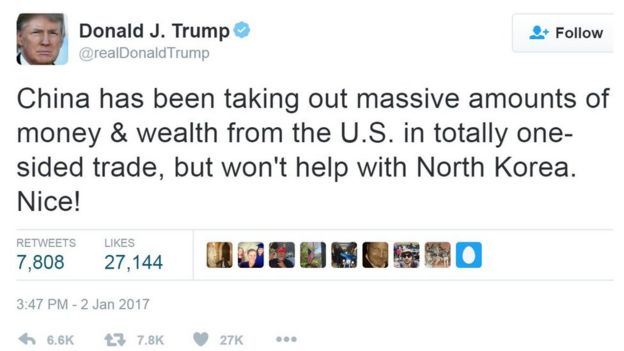特朗普随后又发了一条推特，指责中国没有在朝鲜问题上帮助美国。