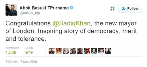 Ahok Basuki Purnama tweets: Congratulations SadiqKhan, the new mayor of London. Inspiring story of democracy, merit and tolerance.