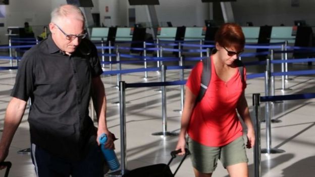 Brendan and Anna Murphy enter Perth Airport on Wednesday