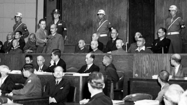 1948年1月，前日本將軍東條英機出席軍事法庭審判