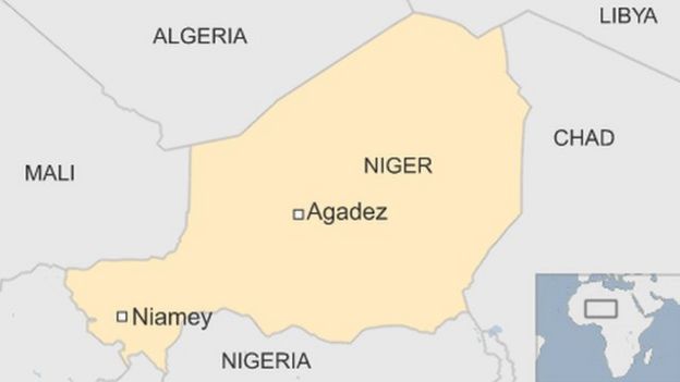 map of Niger showing capital Niamey in south west and Agadez, where the base is, in centre