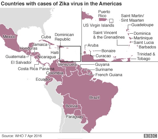 Map showing the countries that have had confirmed cases of the Zika virus
