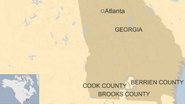 Map showing Cook, Brooks and Berrien counties in Georgia