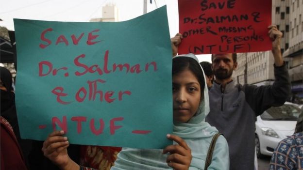 Activists of Pakistan civil society rally to condemn the missing human rights activist Salman Haider, in Karachi, Pakistan, Monday, Jan. 9, 2017.