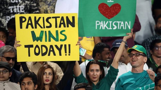 Pakistani supporters hold placards ahead the cricket Pakistan Super League (PSL) final between Quetta Gladiators and Peshawar Zalmi, in Lahore, Pakistan, 05 March 2017.