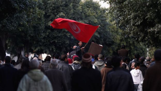 Protesters in Tunisia in January 2011