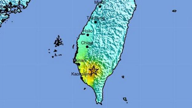 A map showing the location of an earthquake in southern Taiwan