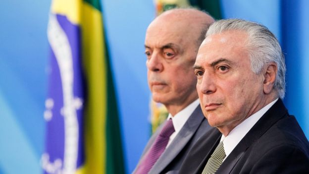 O presidente interino Michel Temer e o ministro José Serra (Relações Exteriores em evento no Planalto em 1/8/2016