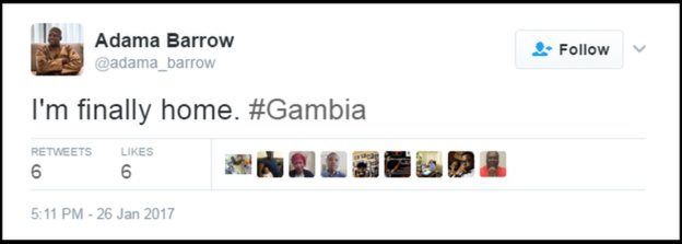 ගැම්බියාවට ගොඩ බැසීමෙන් අනතුරුව නිකුත් කළ ට්විටර් පණිවිඩය