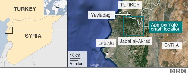 Map of Syria showing approximate location of Russian Su-24 crash site