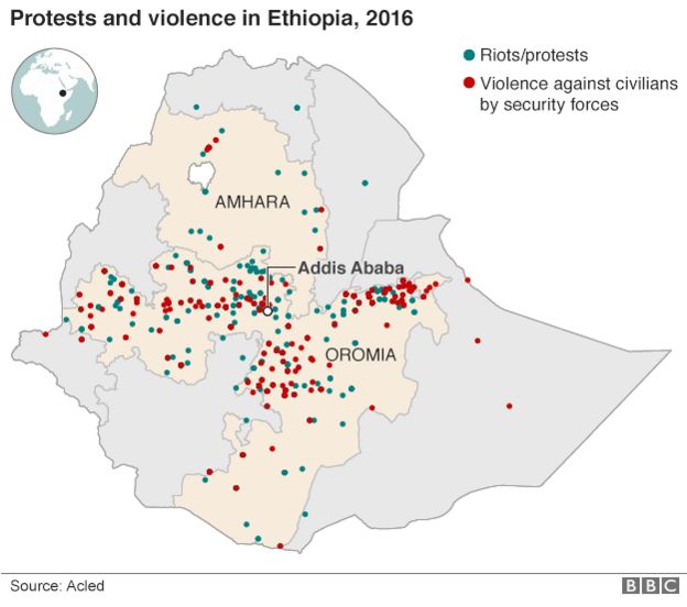 Map of protests and violence in Ethiopia in 2016