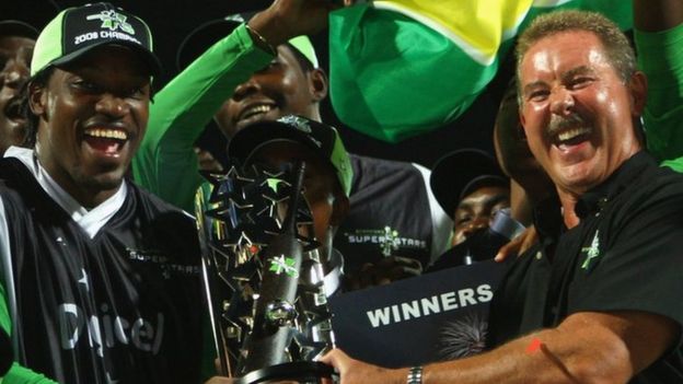 Sir Allen Stanford presents the trophy to Superstars captain Chris Gayle