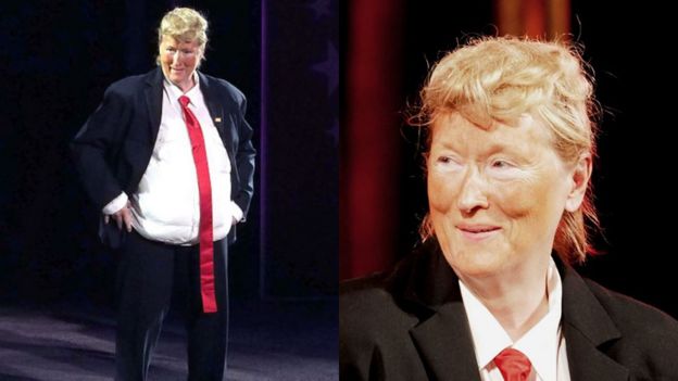 Meryl Streep impersonates Donald Trump by wearing fake tan and a padded belly