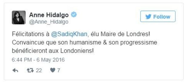 Anne Hidalgo tweets: Congratulations to (at) Sadiq Khan, elected Mayor of London. Convinced that his humanism and his progressivism will benefit Londoners!