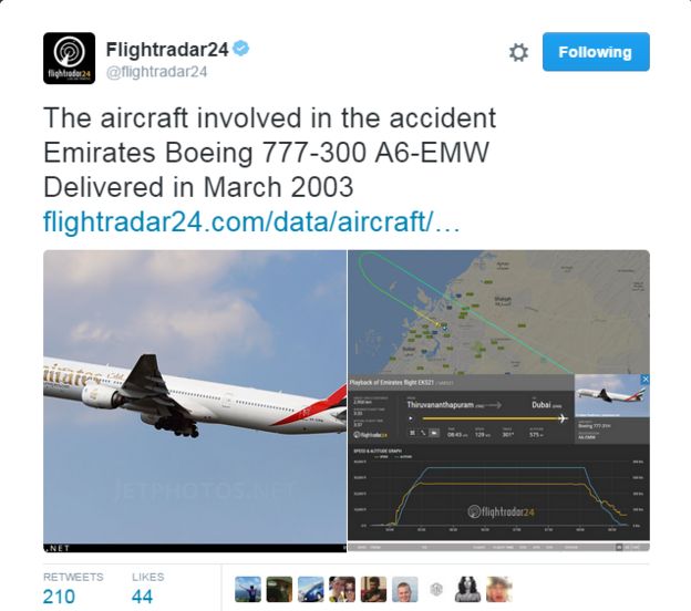 Tweet from Flightradar24 reading